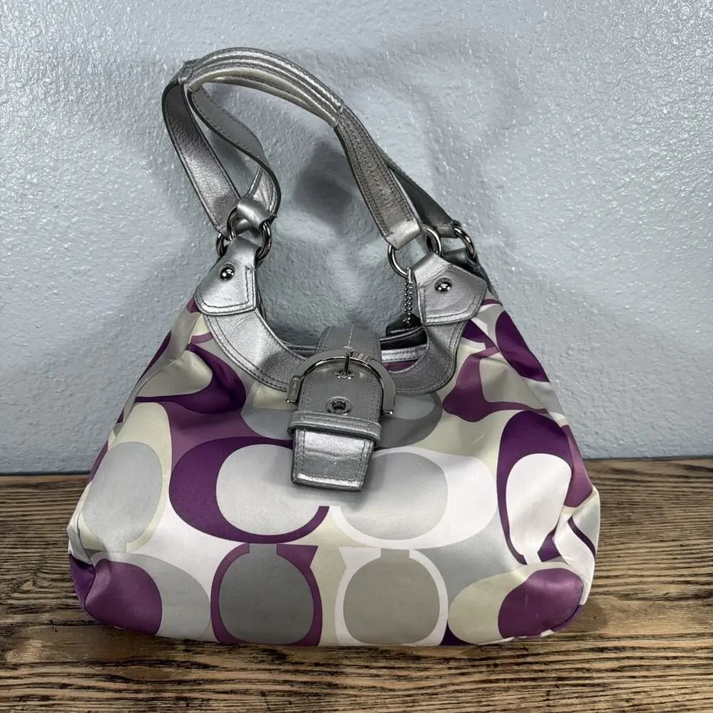 Coach Vintage Soho Satin Scarf Print Hobo Metallic Silver Purple C Y2K Vibes